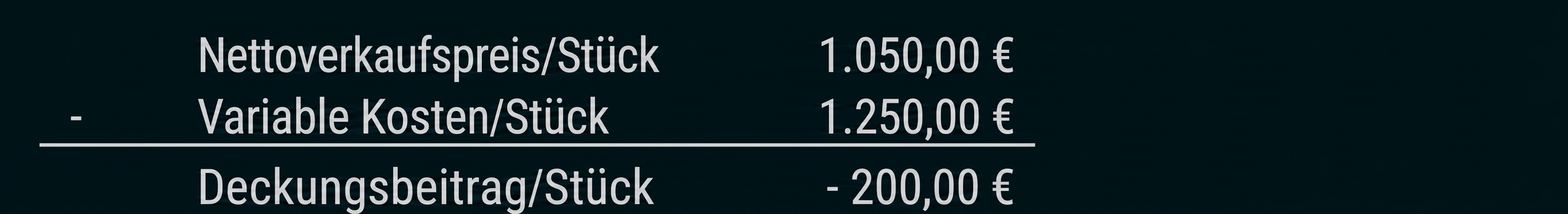 Tabelle mit Nettoverkaufspreis, variablen Kosten und negativem Deckungsbeitrag pro Stück